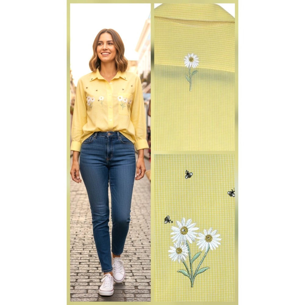 Vintage Mil Button Down Shirt size Small Daisy Bee Spring Embroidered Artsy